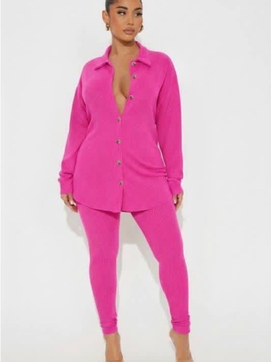 Zenana Outfitters Pants - Zenana Outfitters Bright Pink Ribbed Button-Up Top & Legging Set